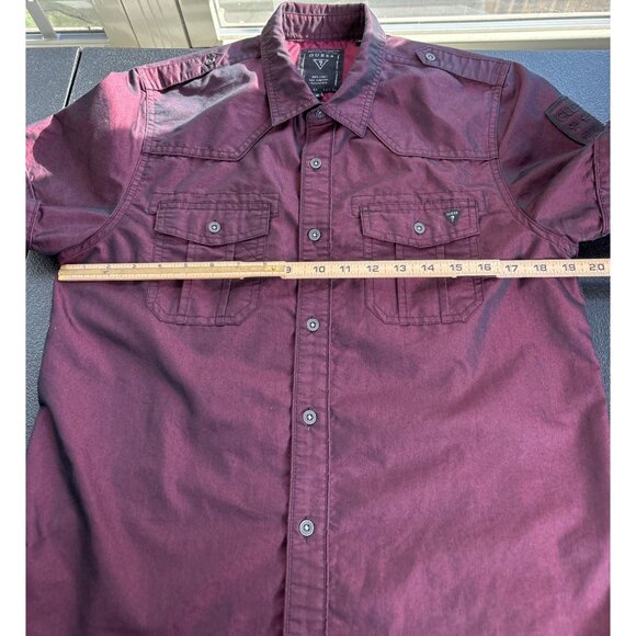 Y2K Guess Men's Short Sleeve Button Up Shirt Burgundy Military Style M - Picture 6 of 8